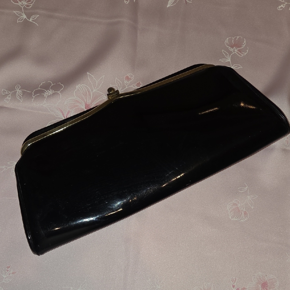Vintage Glossy Black Clutch with Gold Trim